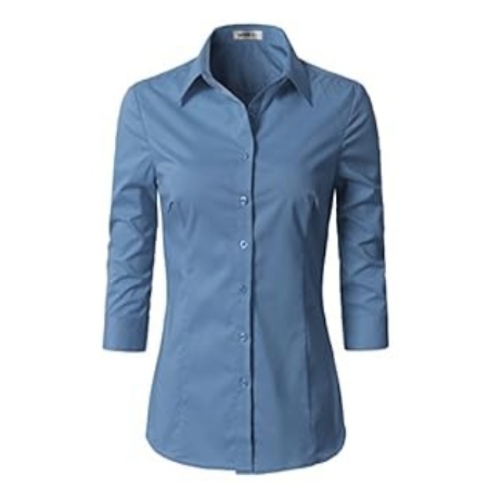 Women's Doublju Brand Slim Fit Dress Shirt Half Sleeve Stretch Size L Blue NWT!
